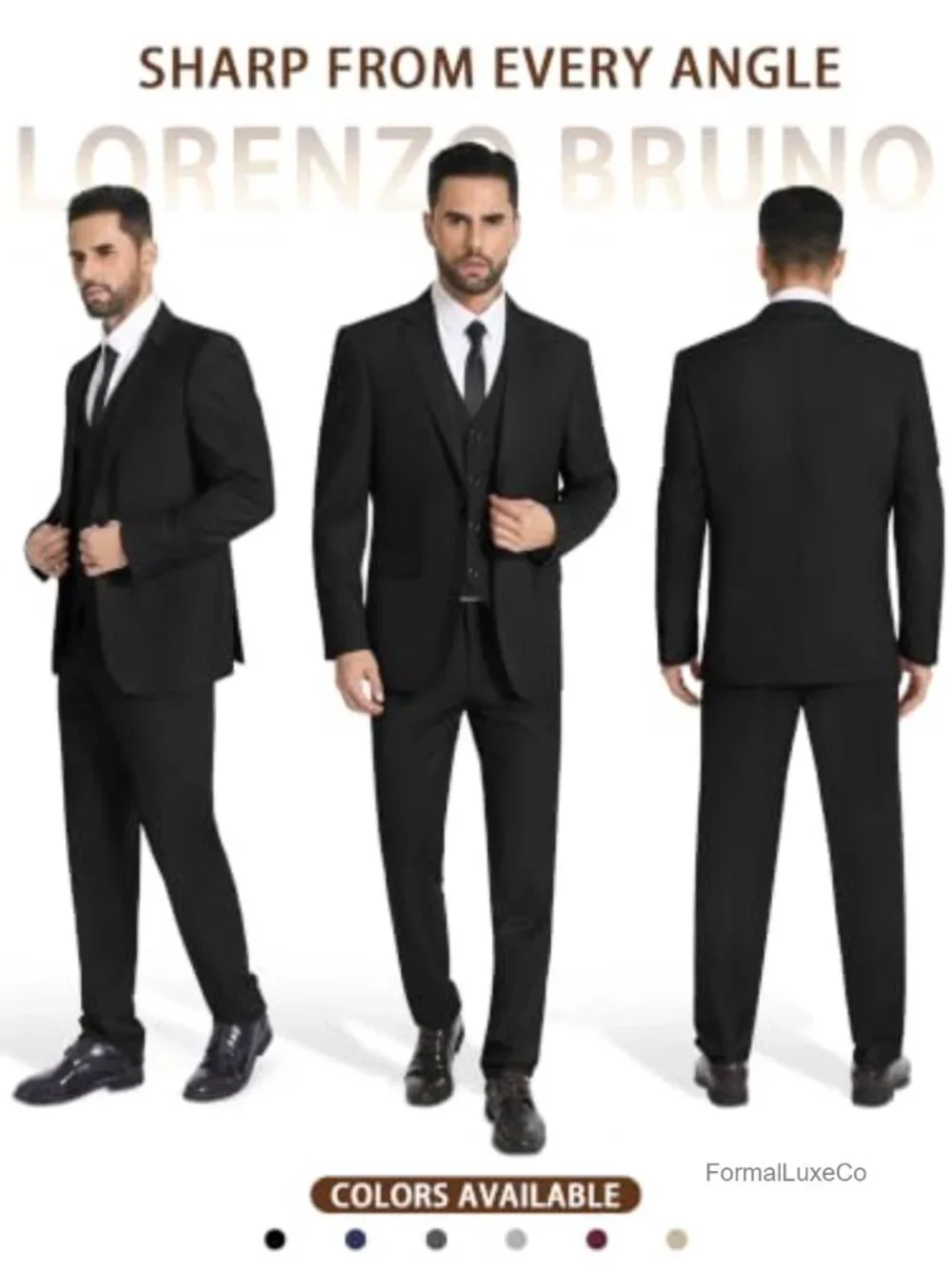 Men's 3 Piece Suit Slim Fit Tuxedo Set One Button Jacket Vest Pants